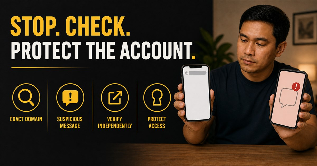A reader checks the exact domain and rejects a suspicious account message.