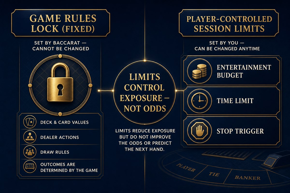 Fixed baccarat rules compared with player-controlled budget, time, and stop limits