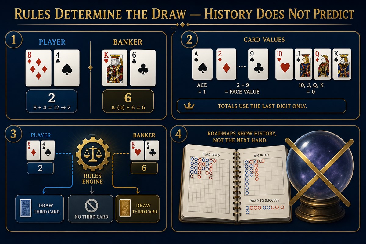 Baccarat card values, fixed draw rules, and a roadmap that does not predict the next hand