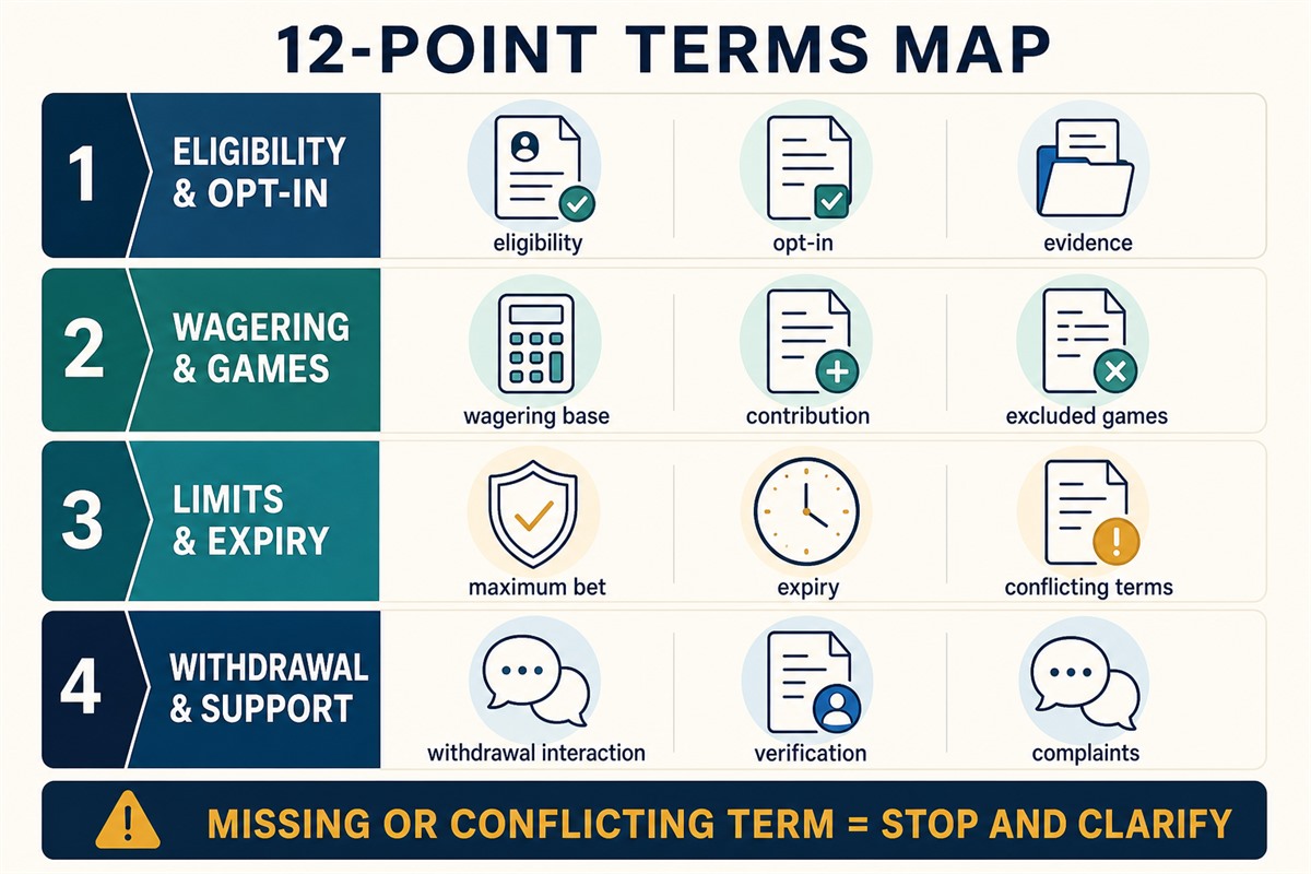 Twelve-point casino bonus checklist covering eligibility, wagering, games, expiry, withdrawal, verification, and complaints.