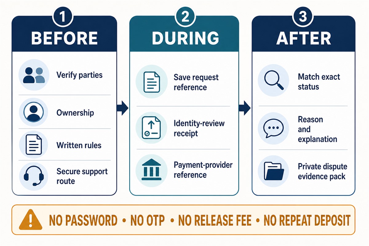 Three-stage casino transaction flow for verification before, evidence during, and status review after.