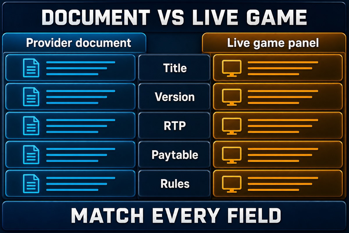 Provider document and live game panel compared across title, version, RTP, paytable, and rules.