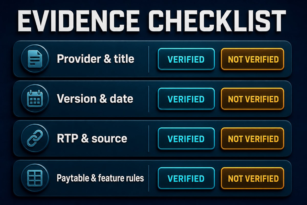 Evidence checklist with verified and not verified status choices for four slot game claim groups.