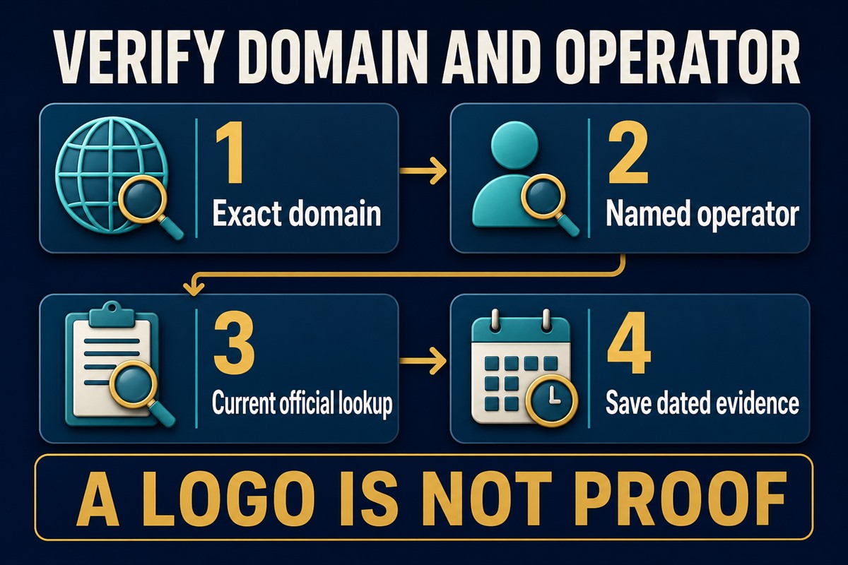 Four steps to verify a domain and operator, ending with the warning that a logo is not proof.