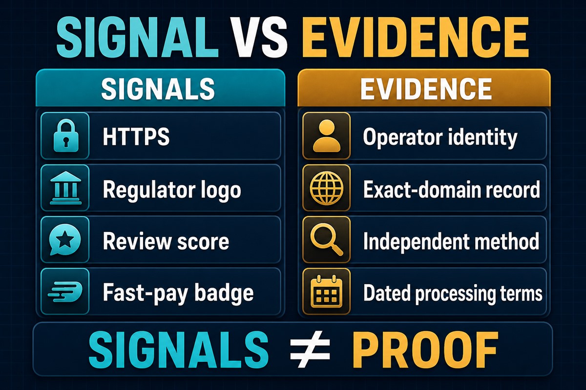 Comparison of weak signals such as HTTPS and logos with stronger evidence such as operator identity and dated terms.