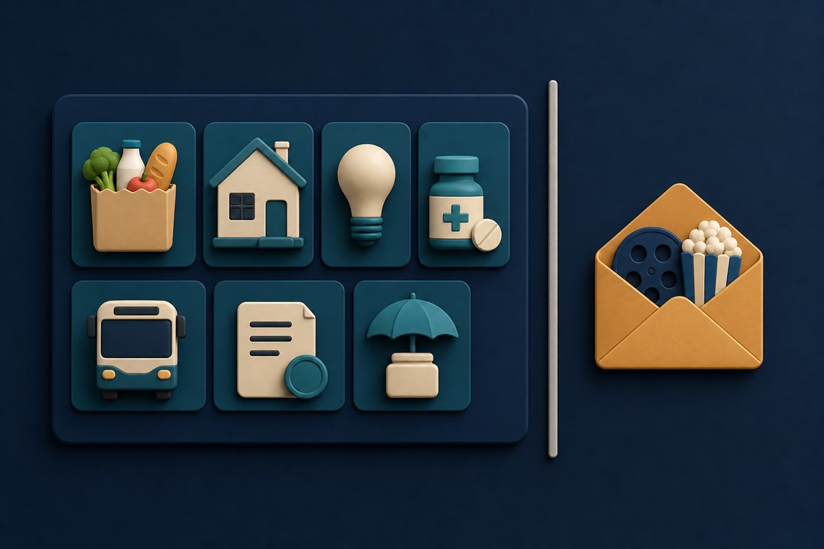 Essential expenses separated from a small optional entertainment envelope by a firm boundary