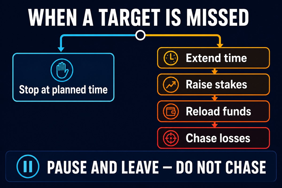 When a target is missed, stop at the planned time instead of extending time, raising stakes, reloading funds, or chasing losses
