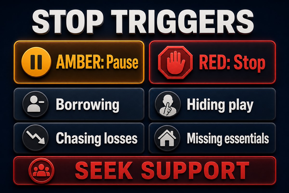 Stop triggers include borrowing, hiding play, chasing losses, and missing essential expenses