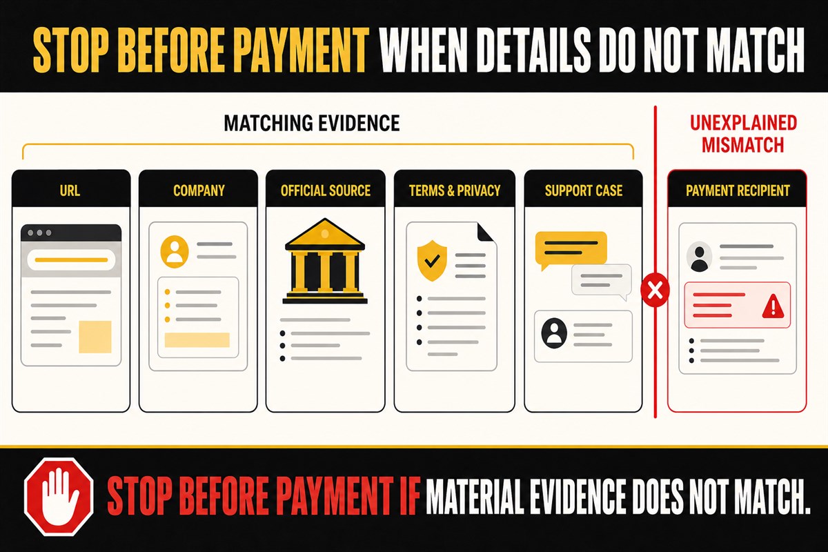 Pre-payment checklist for website URL company official source terms privacy support and payment recipient evidence