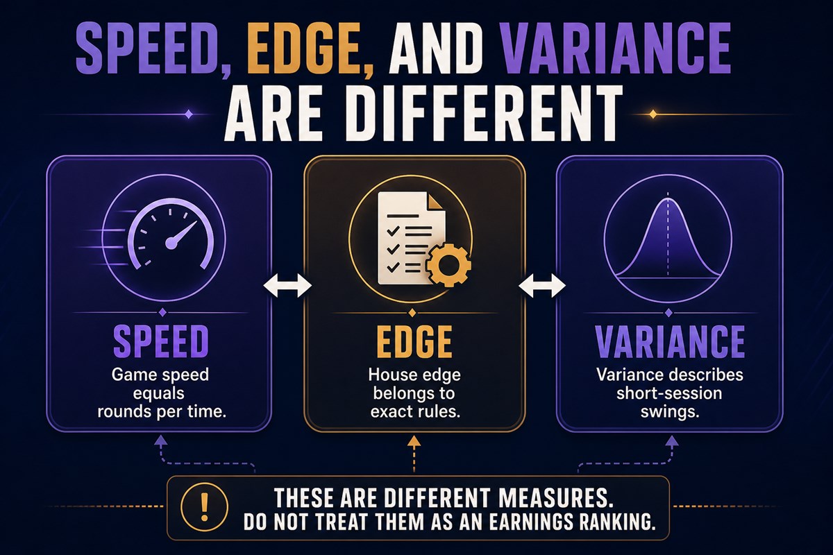 Three separate cards for game speed, house edge, and short-session variance