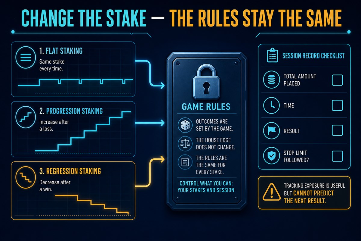 Different stake patterns feeding into unchanged game rules with a session-record checklist