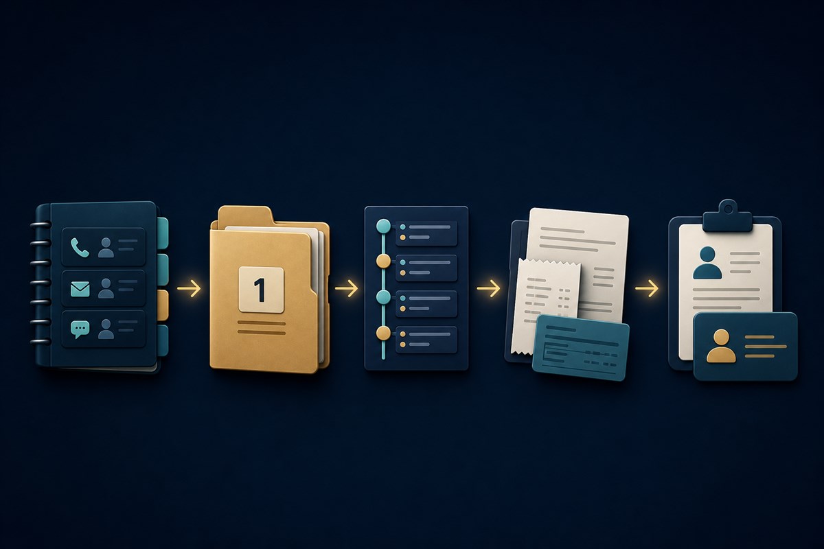 Support case evidence flow from verified contact route to case folder, timeline, references and written response.