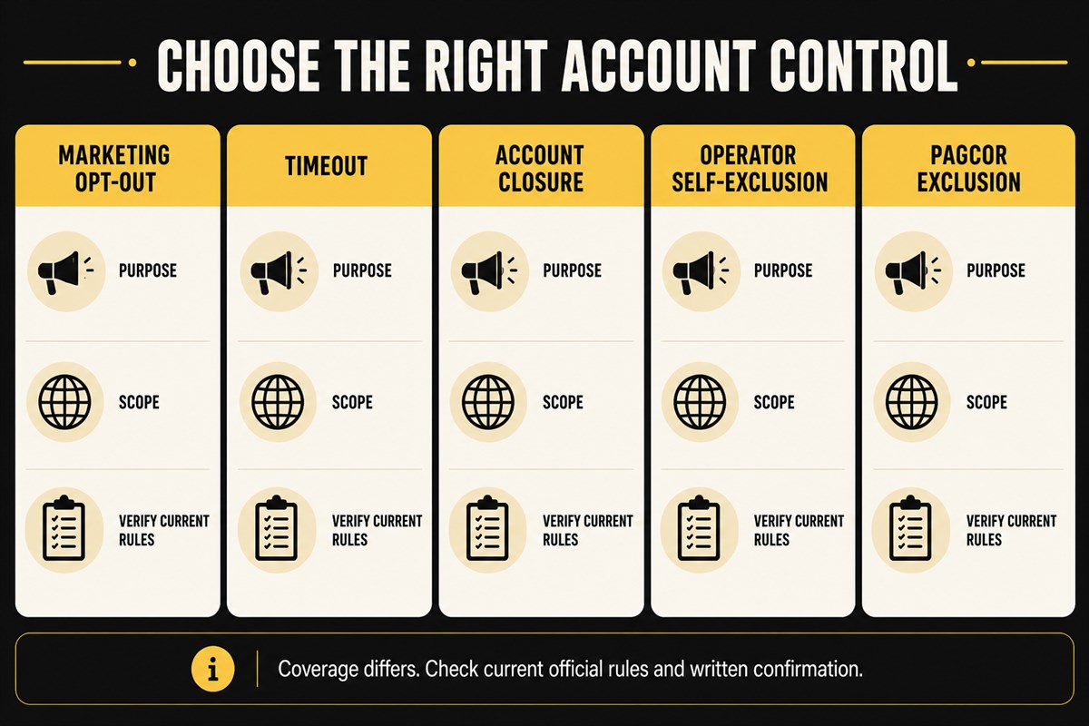 Comparison of marketing opt-out timeout account closure operator self-exclusion and PAGCOR exclusion