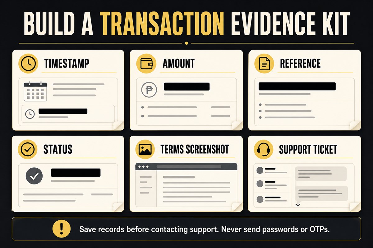 Transaction evidence checklist with reference number status and support record