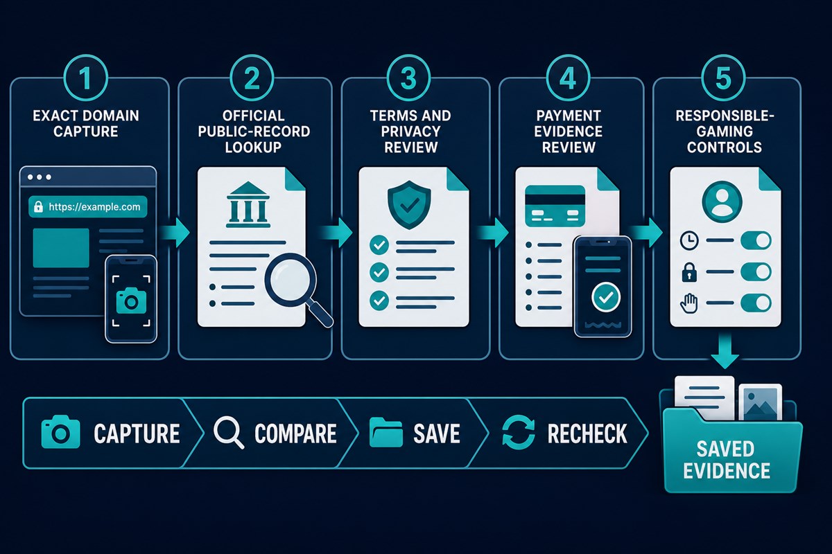 Five-step workflow for capturing, comparing, saving, and rechecking website evidence