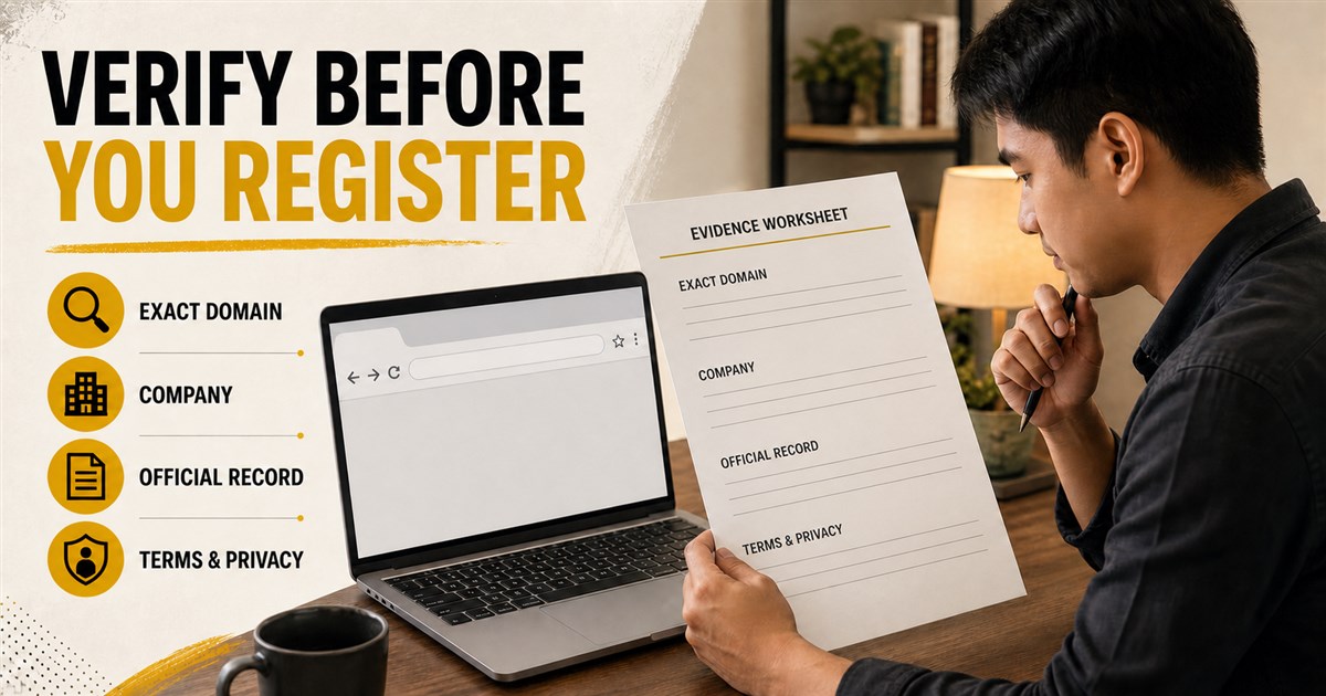 A reader compares an exact website domain with company official record terms and privacy evidence before registering