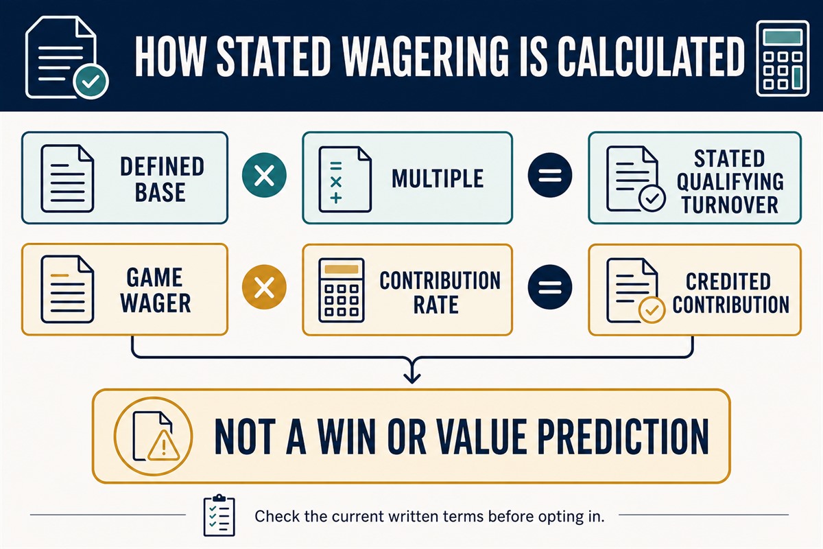 Diagram showing how a wagering base, multiple, and game contribution rate affect stated qualifying turnover.