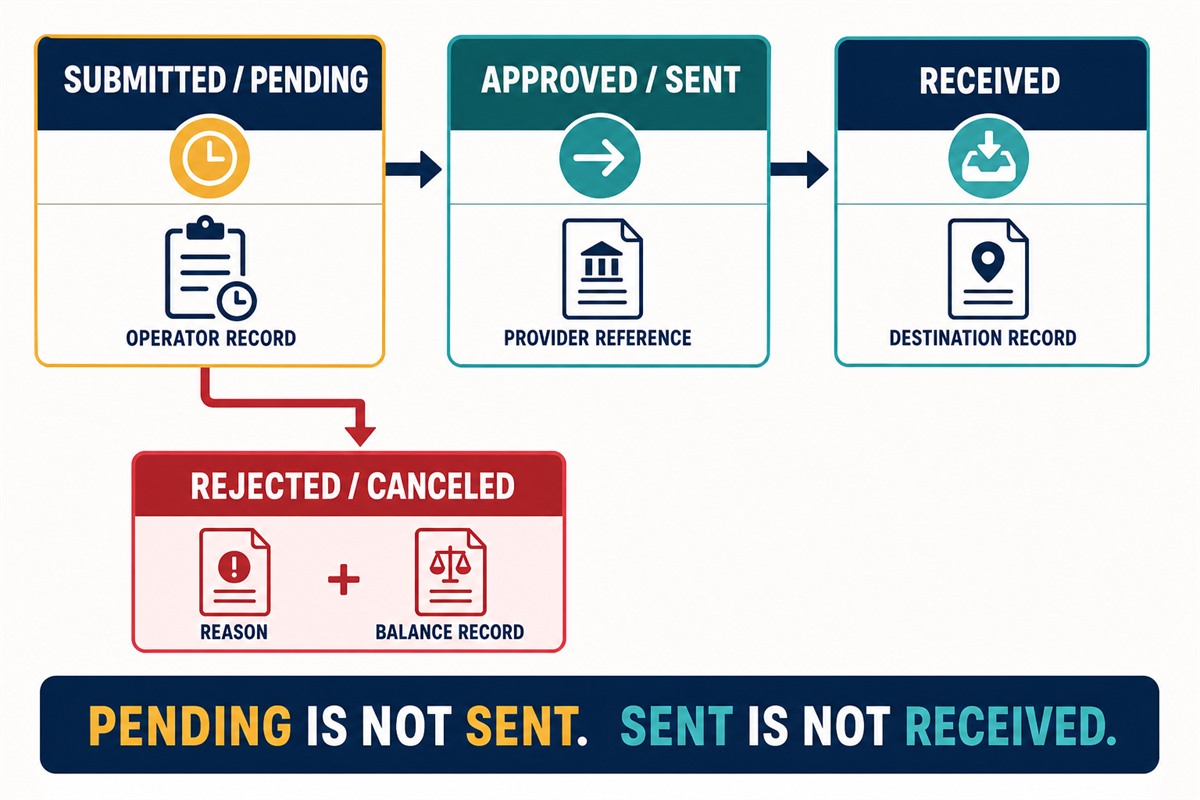 Withdrawal status diagram mapping pending, sent, rejected, and received stages to the evidence each requires.