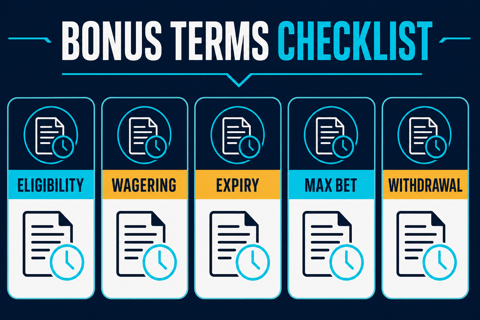 Bonus terms checklist covering eligibility, wagering, expiry, maximum bet and withdrawal conditions.