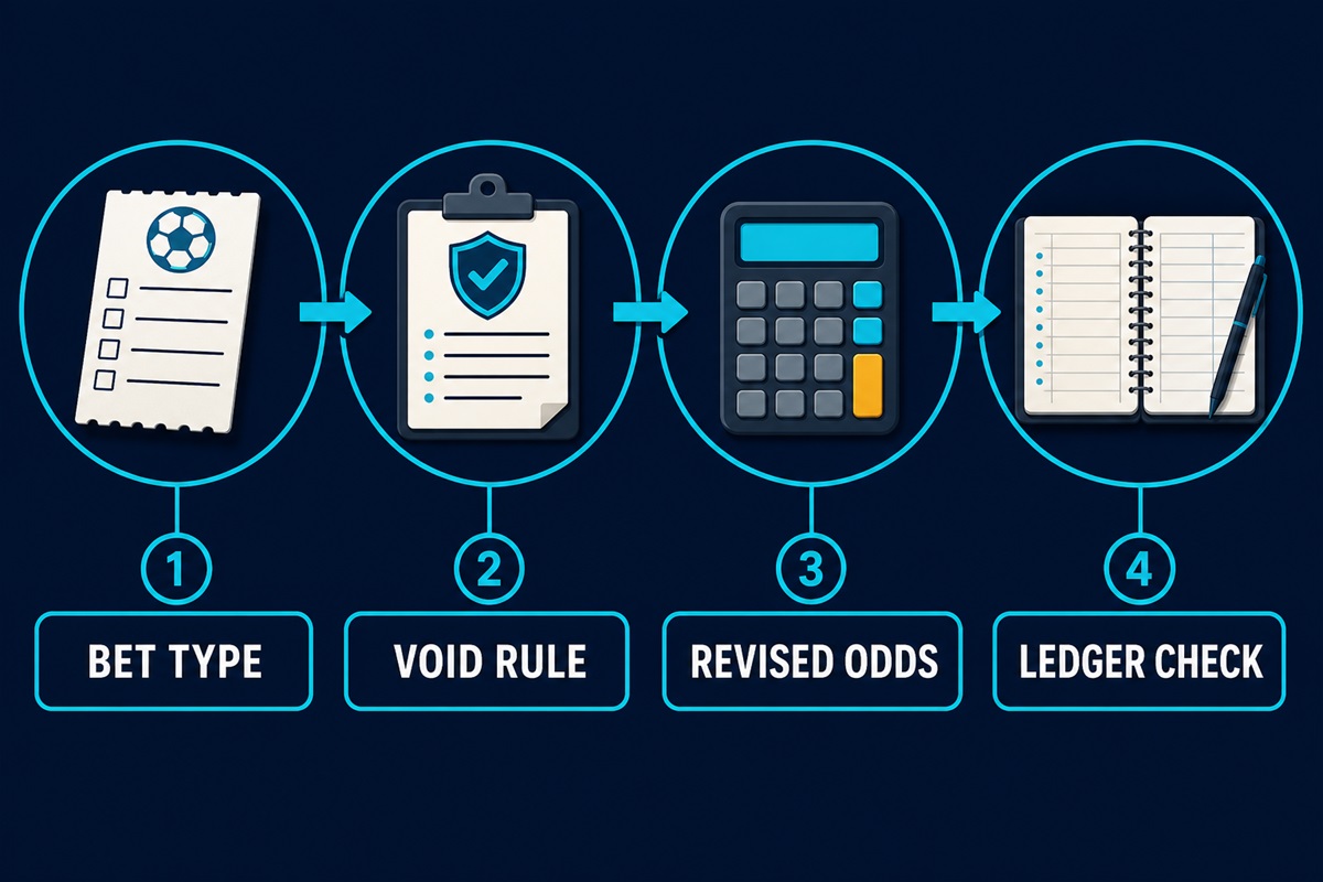 Four-step parlay void-leg worksheet showing bet type, void rule, revised odds and ledger check.