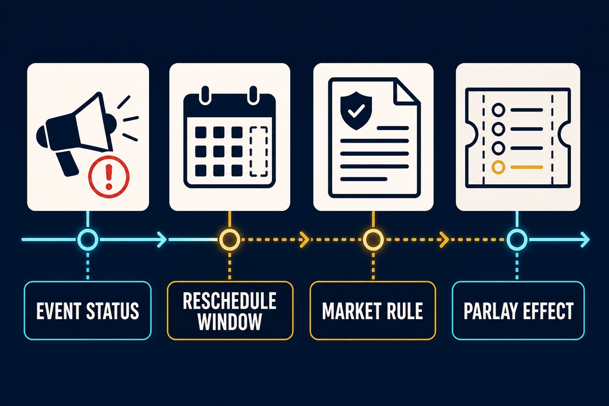 Four-step postponed-event checklist covering event status, reschedule window, market rule and parlay effect.