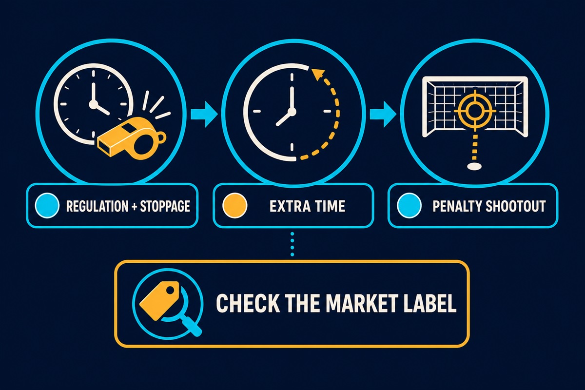 Football market-scope checklist showing regulation and stoppage, extra time, penalty shootout and the market label.