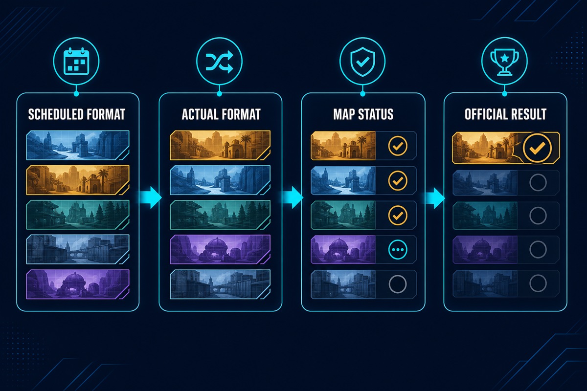 Four-column esports map verification flow from scheduled format to actual format, map status and official result.