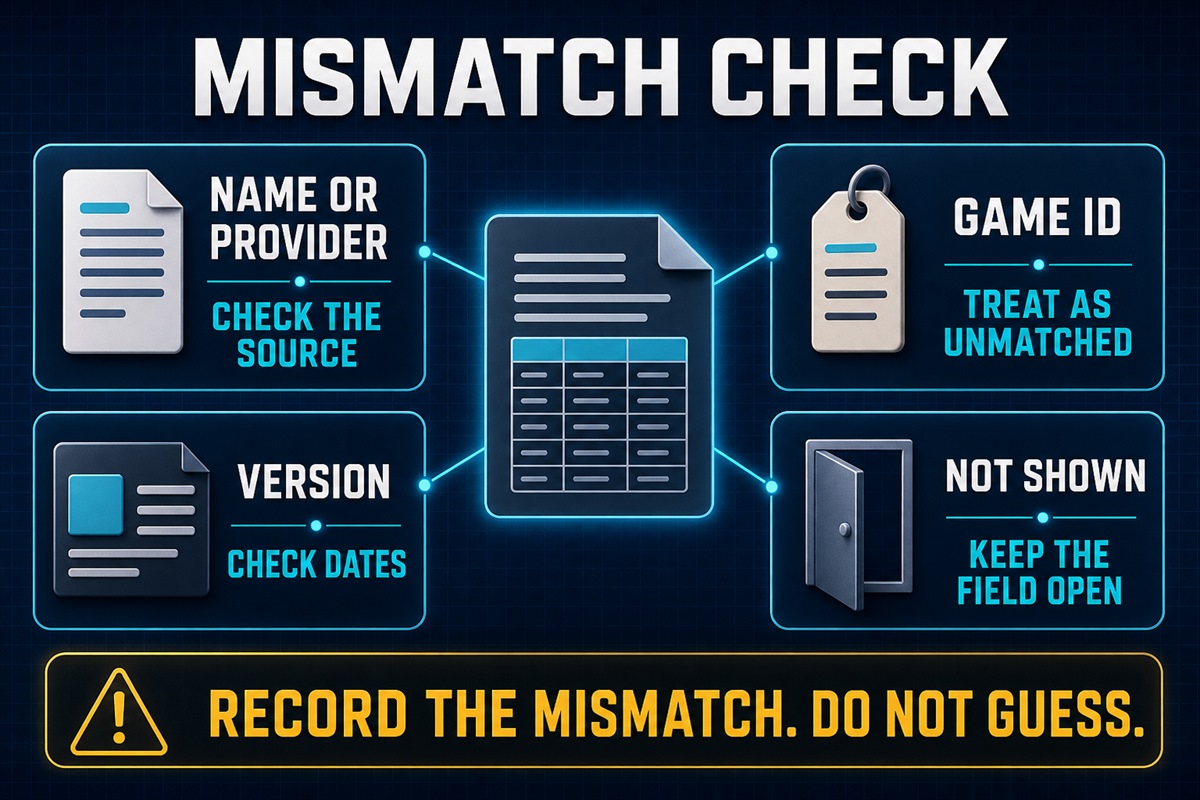 Mismatch check for official game list comparisons: check the source, treat a different game ID as unmatched, compare version dates and leave missing fields open.