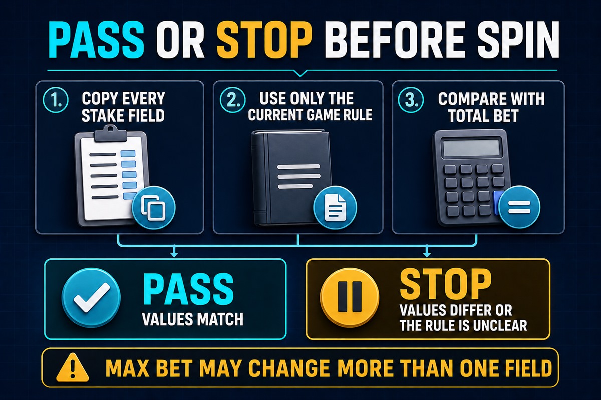 Pass-or-stop flow: copy every stake field, use the current game rule, compare with Total Bet, and stop if values differ or the rule is unclear.