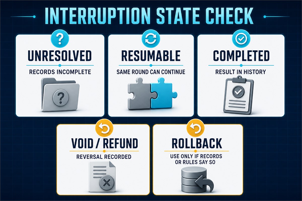 Five-state interrupted-round checklist covering unresolved, resumable, completed, void or refund, and rollback records.