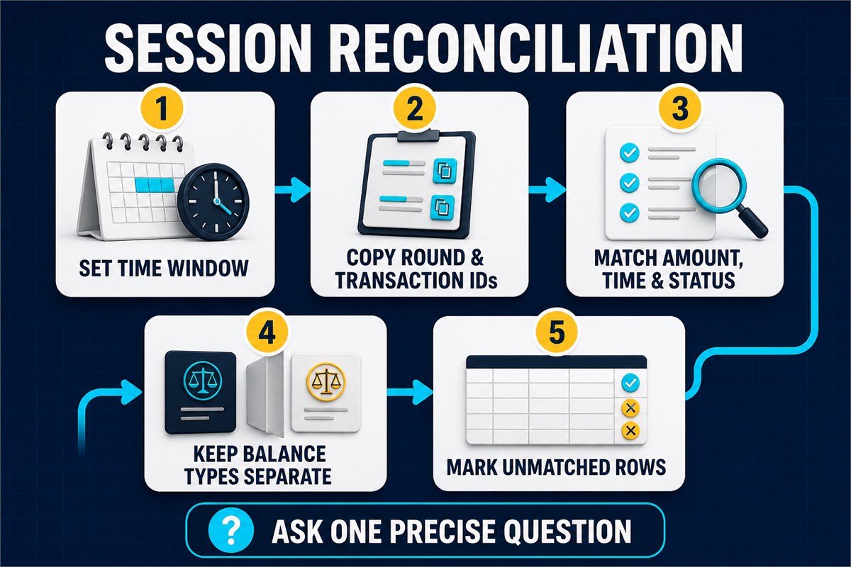 Five-step session reconciliation workflow from setting a time window to marking unmatched rows.