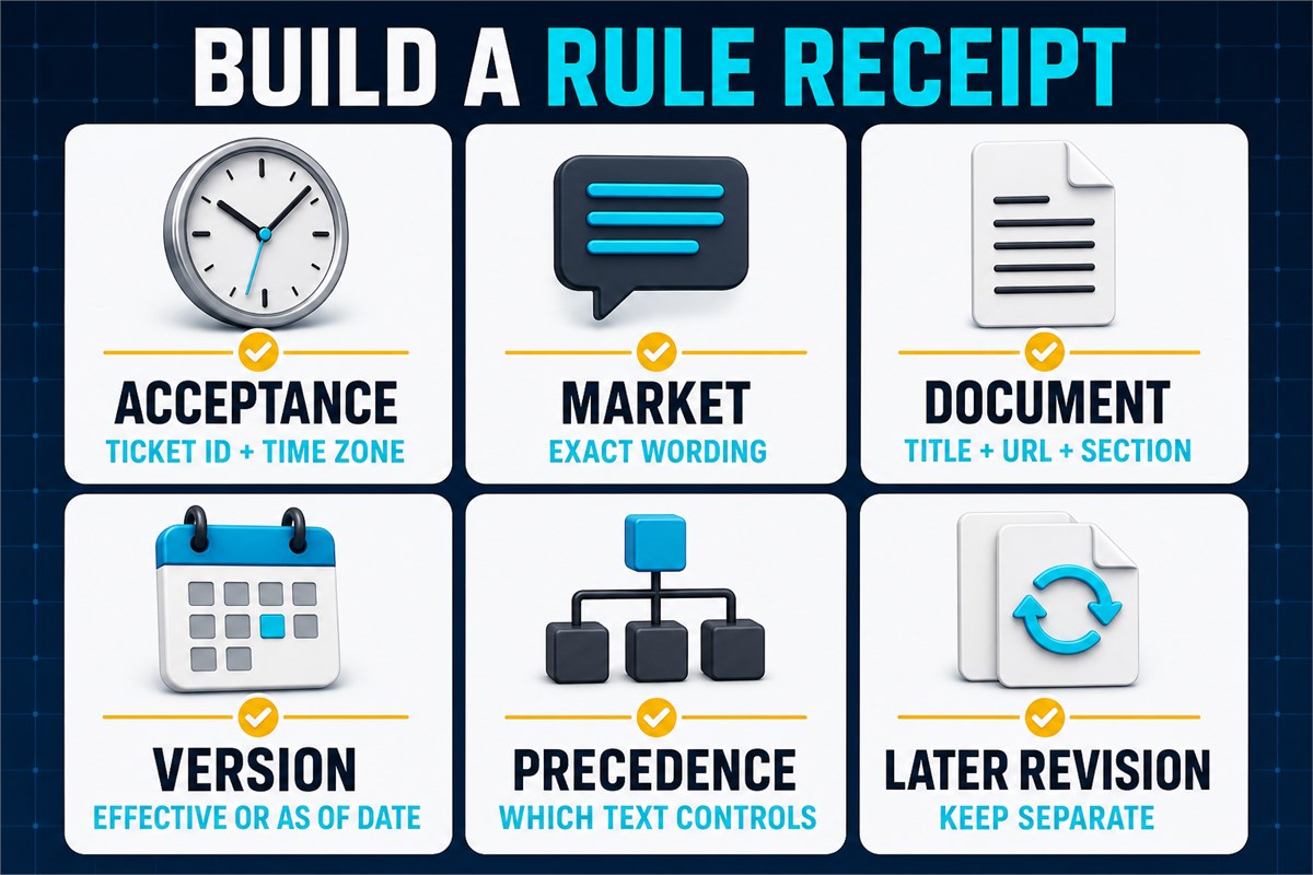 Six-field rule receipt for acceptance, market, document, version, precedence and later revision evidence.