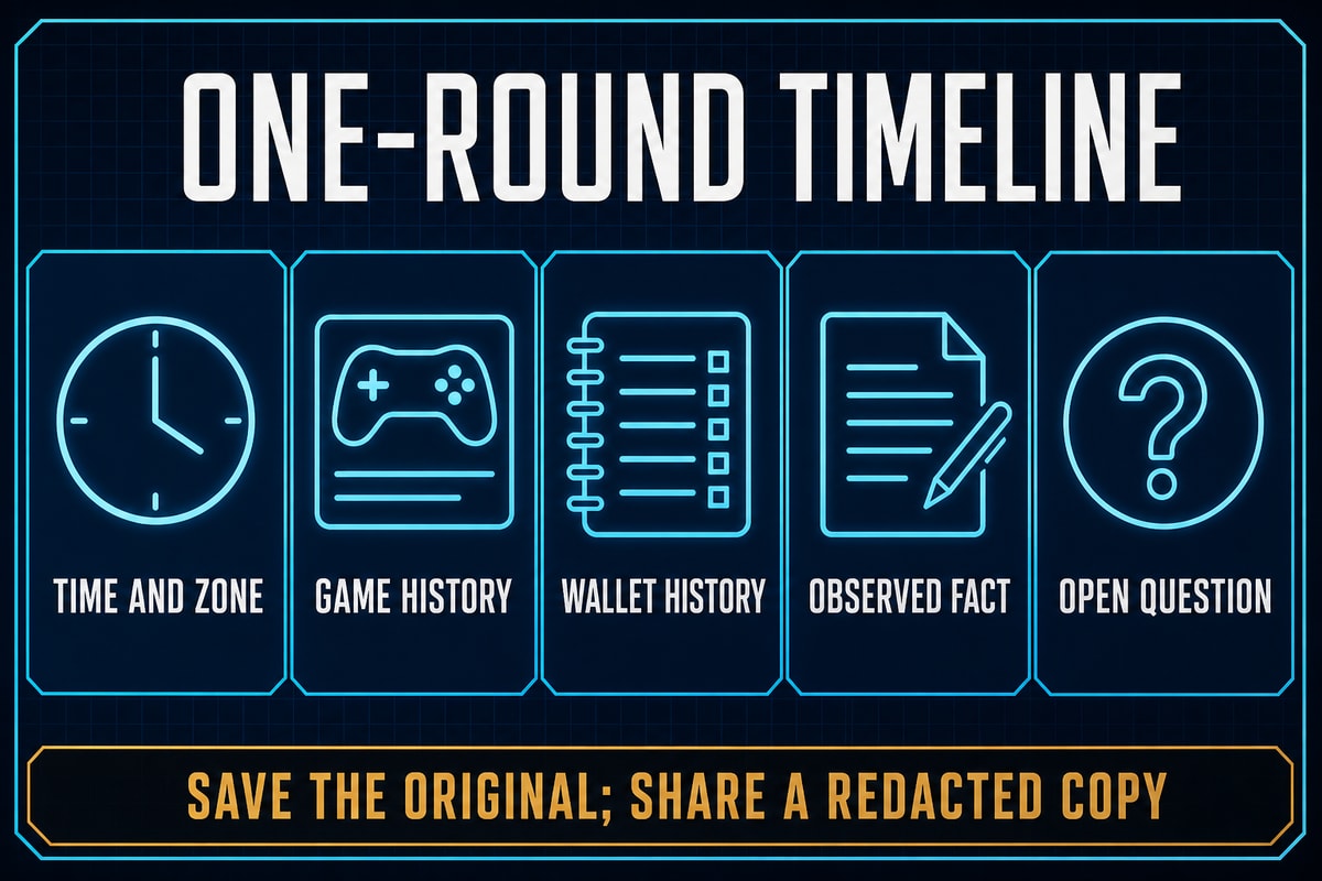 One-round dispute timeline with game and wallet history evidence fields