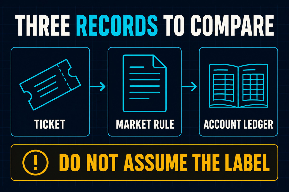 Ticket, market rule and account ledger comparison